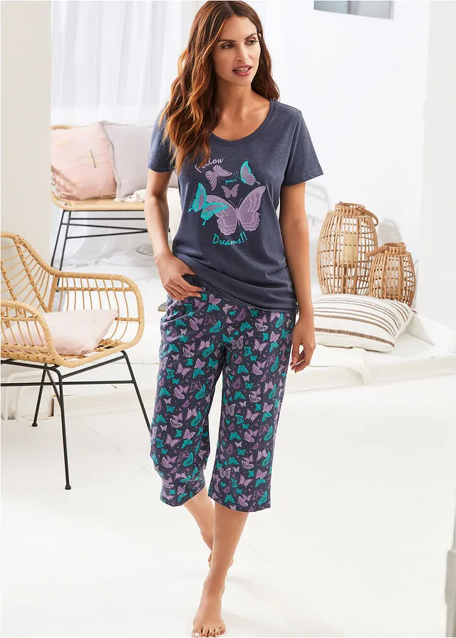 Blue Heathered Printed Capri Pajamas