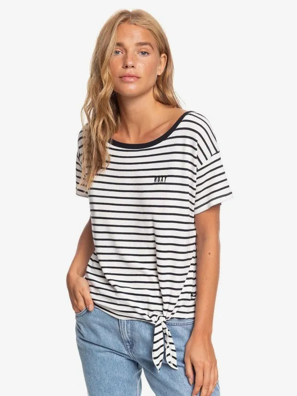 ROXY Short Sleeve T-shirt with Side Lace-Up Detail for Women Wake Up With The Sun Black/White Stripes
