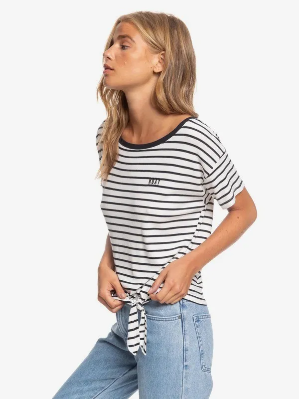 ROXY Short Sleeve T-shirt with Side Lace-Up Detail for Women Wake Up With The Sun Black/White Stripes
