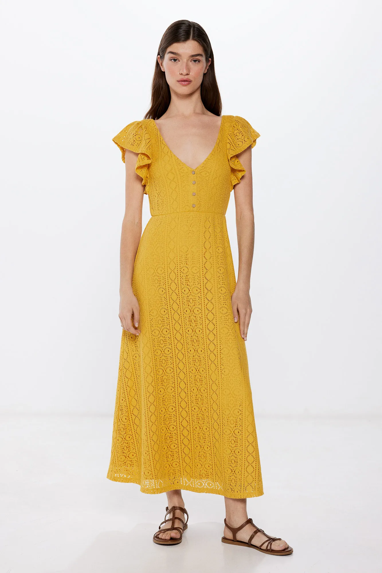 Springfield Crochet Shoulder Ruffle Midi Dress