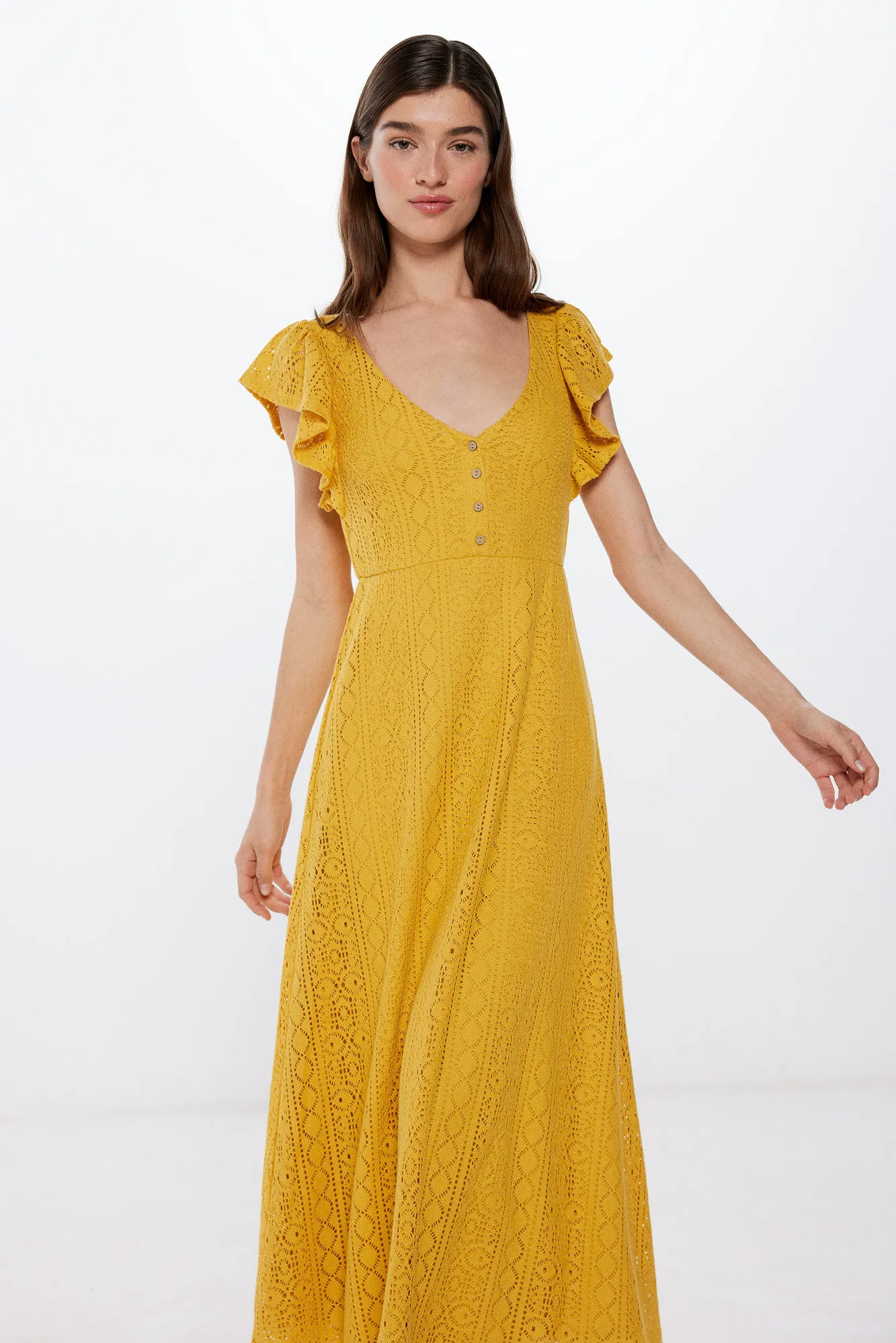 Springfield Crochet Shoulder Ruffle Midi Dress